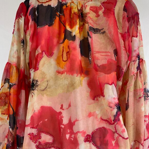 Willa Story Blouse Multi Pink XS Floral Sequins Ruffle Trim Long Sleeve New NWT - Picture 9 of 12